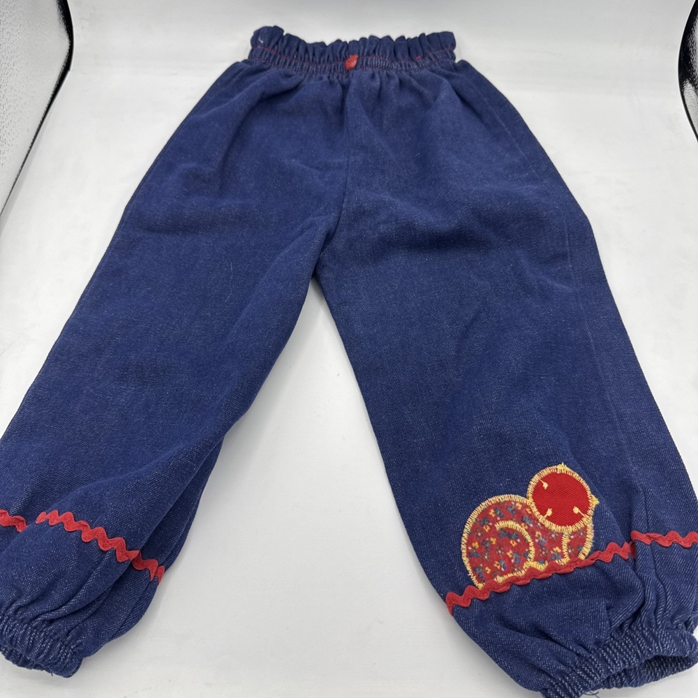 Vintage Healthtex Denim Pants Appliqué Kitty Tree Apple Buttons Denim 18 Mo USA
